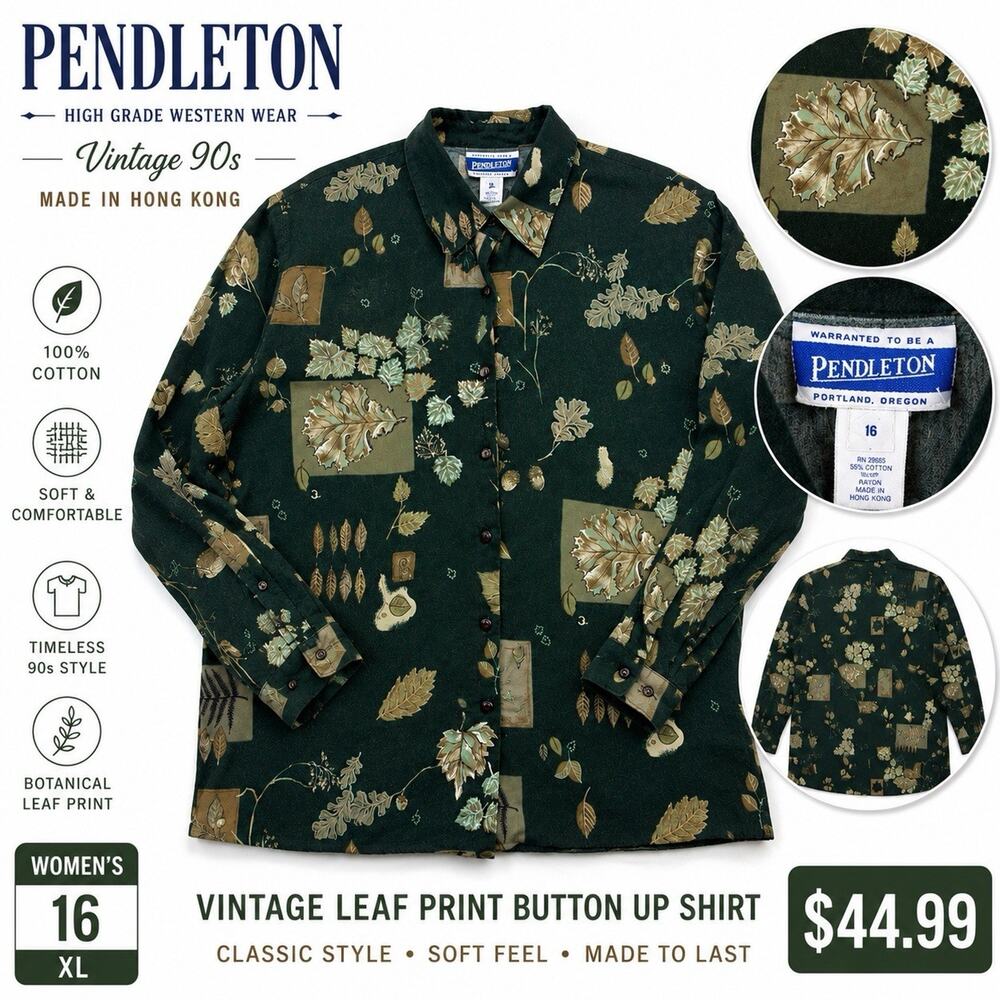Vintage Pendleton Women’s 16 Leaf Print Button Up Shirt Green Hong Kong USA